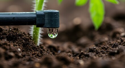 Water drop irrigation system for a plant, Close-up of a drop from a drip irrigation system over soil, nourishing the plant