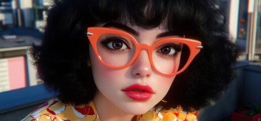 Stylish girl in orange glasses, city backdrop