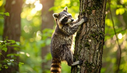 Obraz premium Raccoon climbing tree in sunlit forest