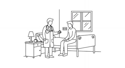 Medical Clinic Consultation Doctor Talking with Patient in Black and White Hand Drawn Style Featuring Simple Line Art,Minimalist Design for Healthcare Illustration, sketch, line art, outline, doodle