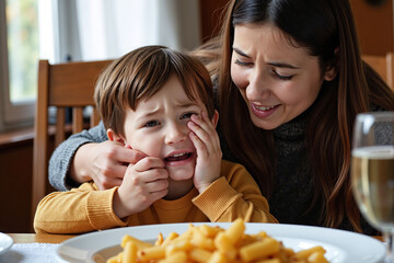Caring mother comforts her upset young son who is crying and refusing to eat food at dinner table, showing difficult moments in parenting and childhood tantrums