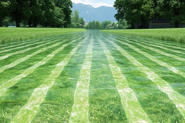 Striped lawn by canal, alpine backdrop, summer day, peaceful scene