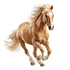 Obraz premium A light-brown horse in motion against a black background. A striking image of equine speed