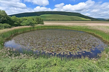 Summer pond with lily pads, rural landscape, hills