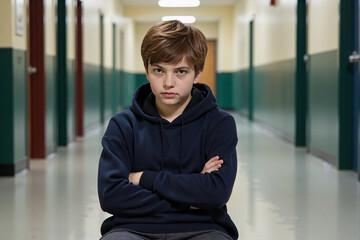 troubled or defiant adolescent boy stands alone with his arms crossed in an empty school hallway, conveying a sense of loneliness, bullying, or social isolation, difficult emotions and challenges
