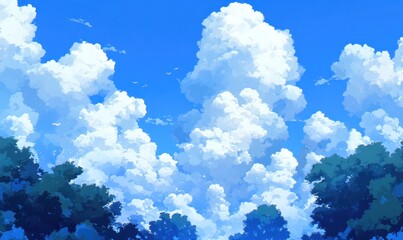 Summer sky, fluffy clouds above green trees, idyllic scene, background for website