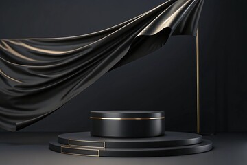 Luxury 3d podium with flying cloth. illustration in trendy black colors. Wide black background for product and cosmetics presentation. 