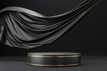 Luxury 3d podium with flying cloth. illustration in trendy black colors. Wide black background for product and cosmetics presentation. 