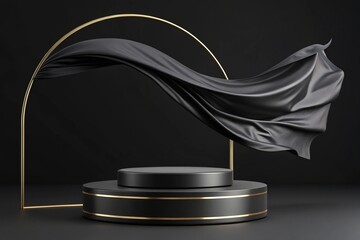 Luxury 3d podium with flying cloth. illustration in trendy black colors. Wide black background for product and cosmetics presentation. 