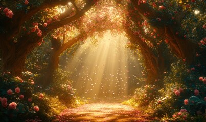 Sunbeams illuminate a magical rose-filled forest path; ideal for fantasy or fairytale themes
