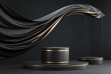 Luxury 3d podium with flying cloth. illustration in trendy black colors. Wide black background for product and cosmetics presentation. 