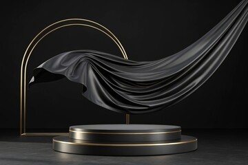 Luxury 3d podium with flying cloth. illustration in trendy black colors. Wide black background for product and cosmetics presentation. 