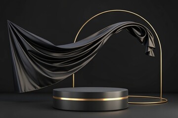 Luxury 3d podium with flying cloth. illustration in trendy black colors. Wide black background for product and cosmetics presentation. 