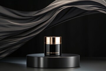 Luxury 3d podium with flying cloth. illustration in trendy black colors. Wide black background for product and cosmetics presentation. 