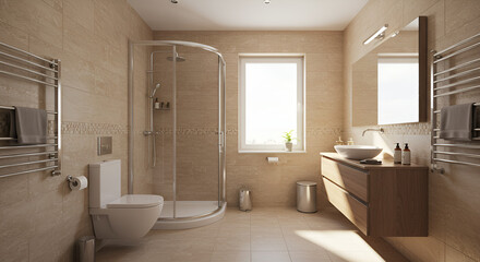 Luxury beige bathroom with tempered glass curved shower room enclosure, vanity counter, washbasin, mirror, toilet and wall, floor tile in sunlight from window. Interior design decoration background 3D