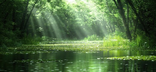 Sunbeams in lush forest, river, calm water, green foliage, nature serenity. Use Background, poster