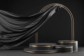 Luxury 3d podium with flying cloth. illustration in trendy black colors. Wide black background for product and cosmetics presentation. 