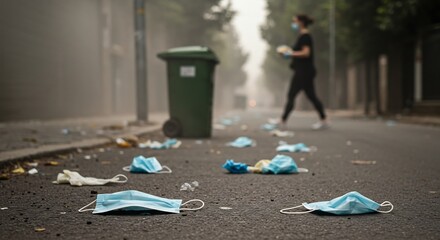 霧の街路、散乱するマスクの現実