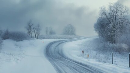 Snowy road winding through a misty winter landscape - Powered by Adobe