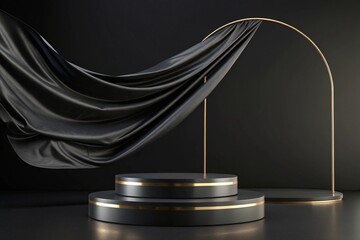 Luxury 3d podium with flying cloth. illustration in trendy black colors. Wide black background for product and cosmetics presentation. 