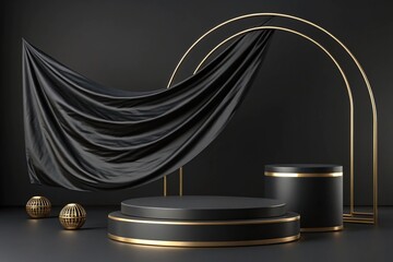 Luxury 3d podium with flying cloth. illustration in trendy black colors. Wide black background for product and cosmetics presentation. 