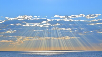 Sunbeams over calm ocean, crepuscular rays, peaceful landscape, nature photography, ideal for travel brochures