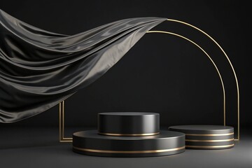 Luxury 3d podium with flying cloth. illustration in trendy black colors. Wide black background for product and cosmetics presentation. 