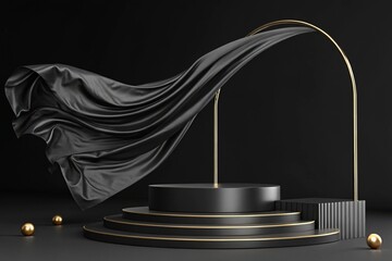 Luxury 3d podium with flying cloth. illustration in trendy black colors. Wide black background for product and cosmetics presentation. 