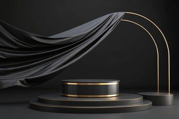 Luxury 3d podium with flying cloth. illustration in trendy black colors. Wide black background for product and cosmetics presentation. 