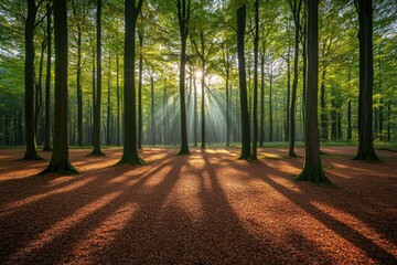 Sunbeams in Spring Beech Forest, Nature Scene