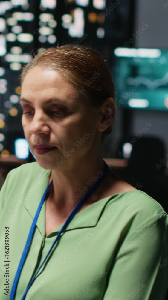 Poster vertical video female supervisor and her staff members reviewing efficiency metrics within enterpris