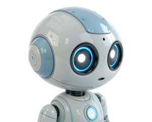 Close up of a small white robot with blue accents and glowing blue eyes on a transparent background