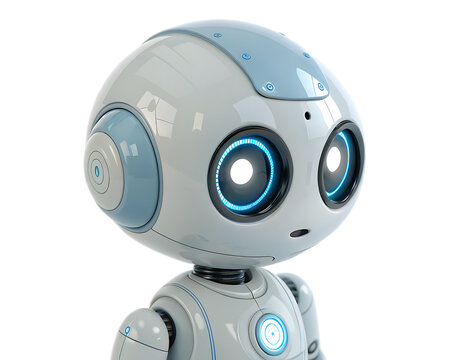 Close up of a small white robot with blue accents and glowing blue eyes on a transparent background