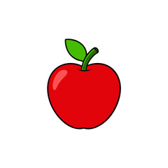 Fototapeta premium Simple red apple with green leaf and stem on black background
