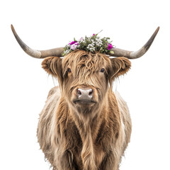 A highland cow with long horns and a flower crown looking directly at the camera on black background