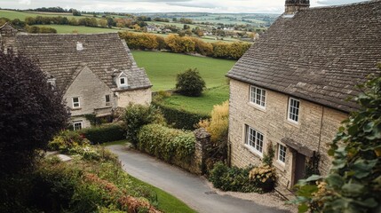 Fototapeta premium Beautiful countryside homes nestled in green hills, showcasing charm and tranquility in a serene rural setting.