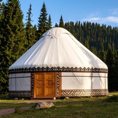 Round tent in a pine forest