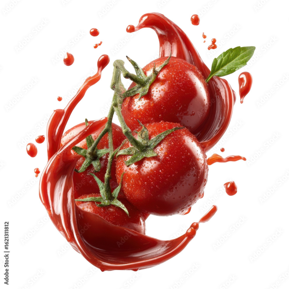 Poster tomato ketchup swirl splash with red sauce drops isolated on transparent or white background. a high