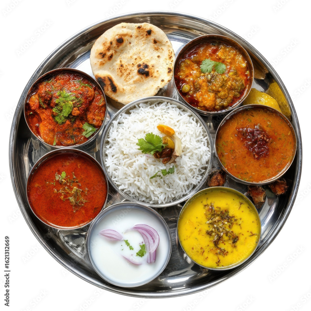 Poster a top view of a delicious traditional indian thali with various curries and gravies around isolated 