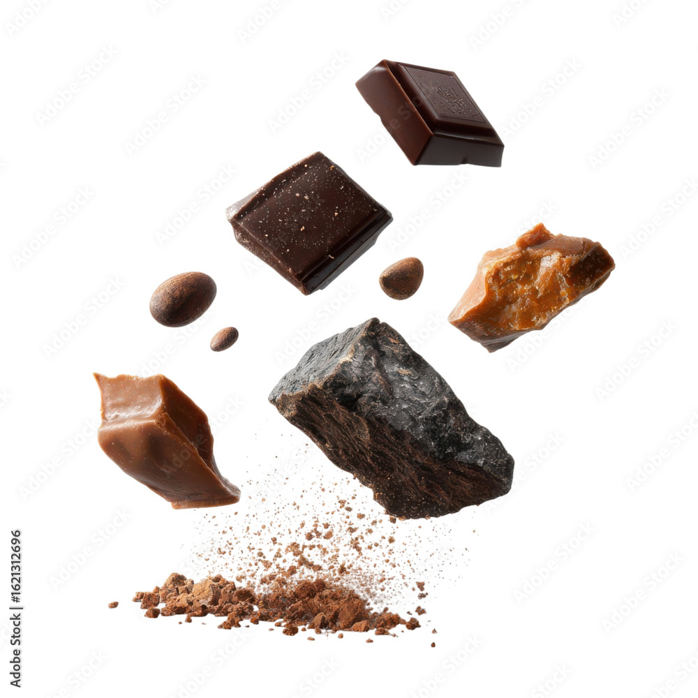 Poster various types of delicious chocolate falling with choc flake isolated on transparent or white backgr