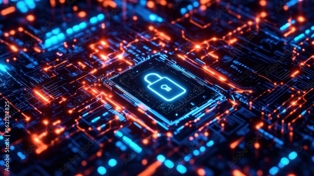 Poster illuminated circuit board with a security lock graphic.