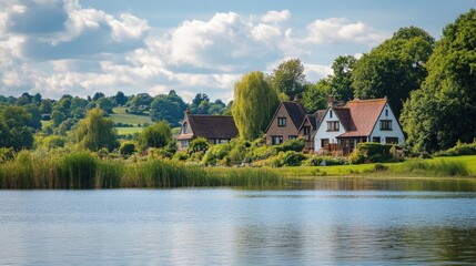 Charming lakeside homes surrounded by lush nature and bright clouds