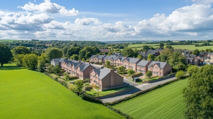 Beautiful Suburban Homes Surrounded by Lush Green Fields and Blue Sky