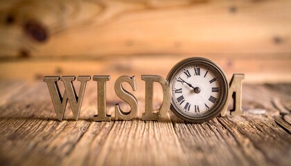 The word “WISDOM” is displayed with a clock replacing the letter “O,” symbolizing the connection between knowledge and the passage of time.