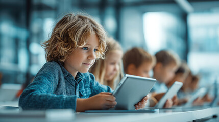 smiling primary school students with tablets sitting at desks in classroom, computer technology in education, school, children, lesson, learning