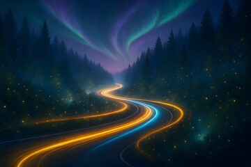 Winding Mountain Road Light Trails at Night