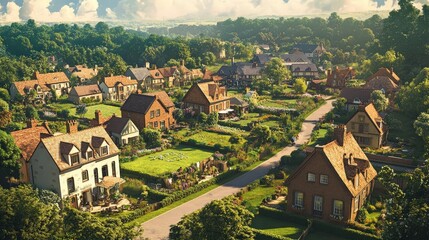 Aerial View of a Quaint Village Surrounded by Lush Greenery and Charming Houses Under a Blue Sky