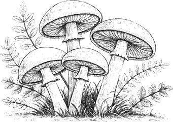 Hand Drawn Mushroom Illustration with Grass and Leaves on transparent background