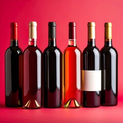 Row of wine bottles against red background