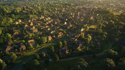 Aerial view of peaceful suburban neighborhood with green parks and cozy homes surrounded by nature.
